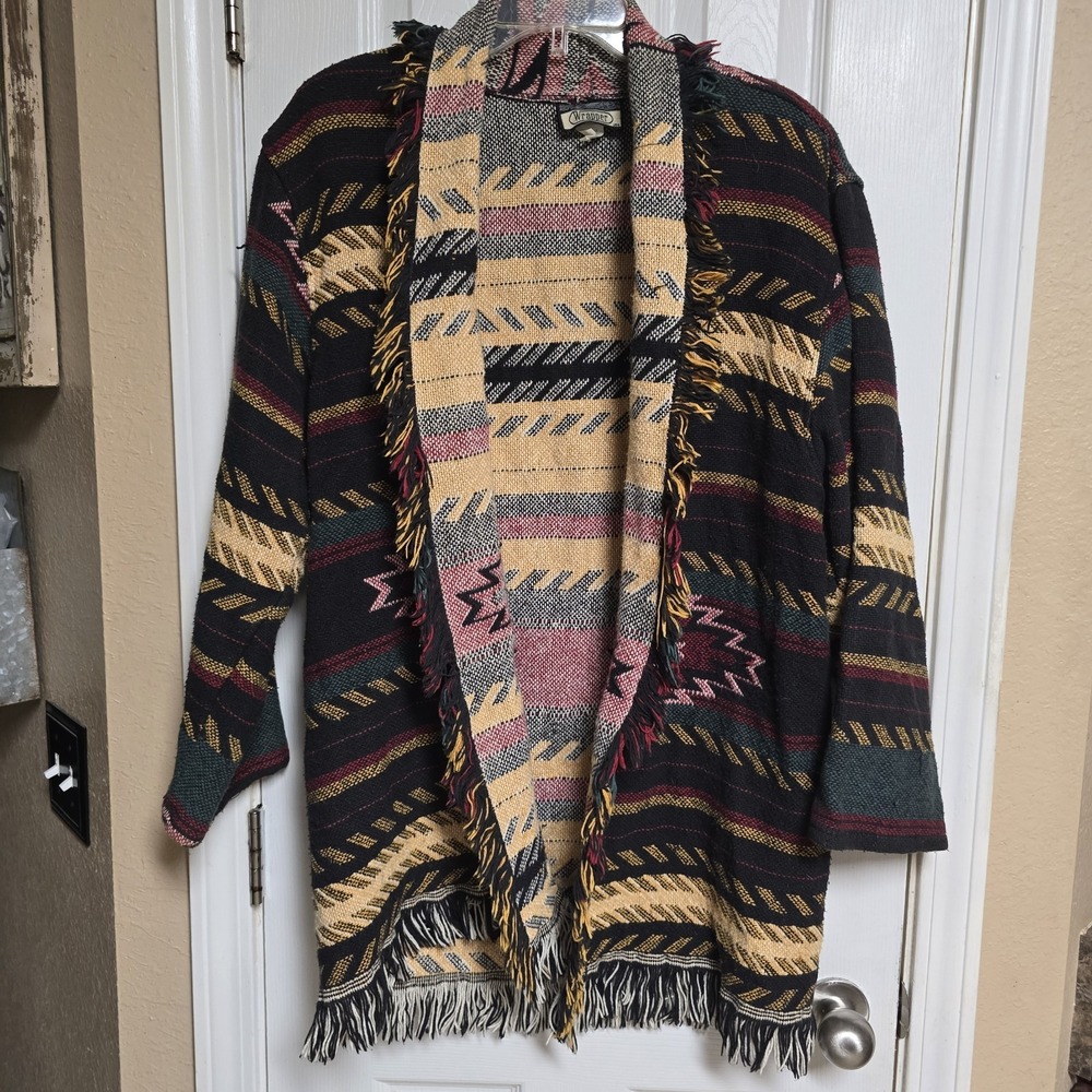 Vtg Blanket Jacket Cotton Fringe Aztec Woven Tapestry Cardigan Wrapper One Size